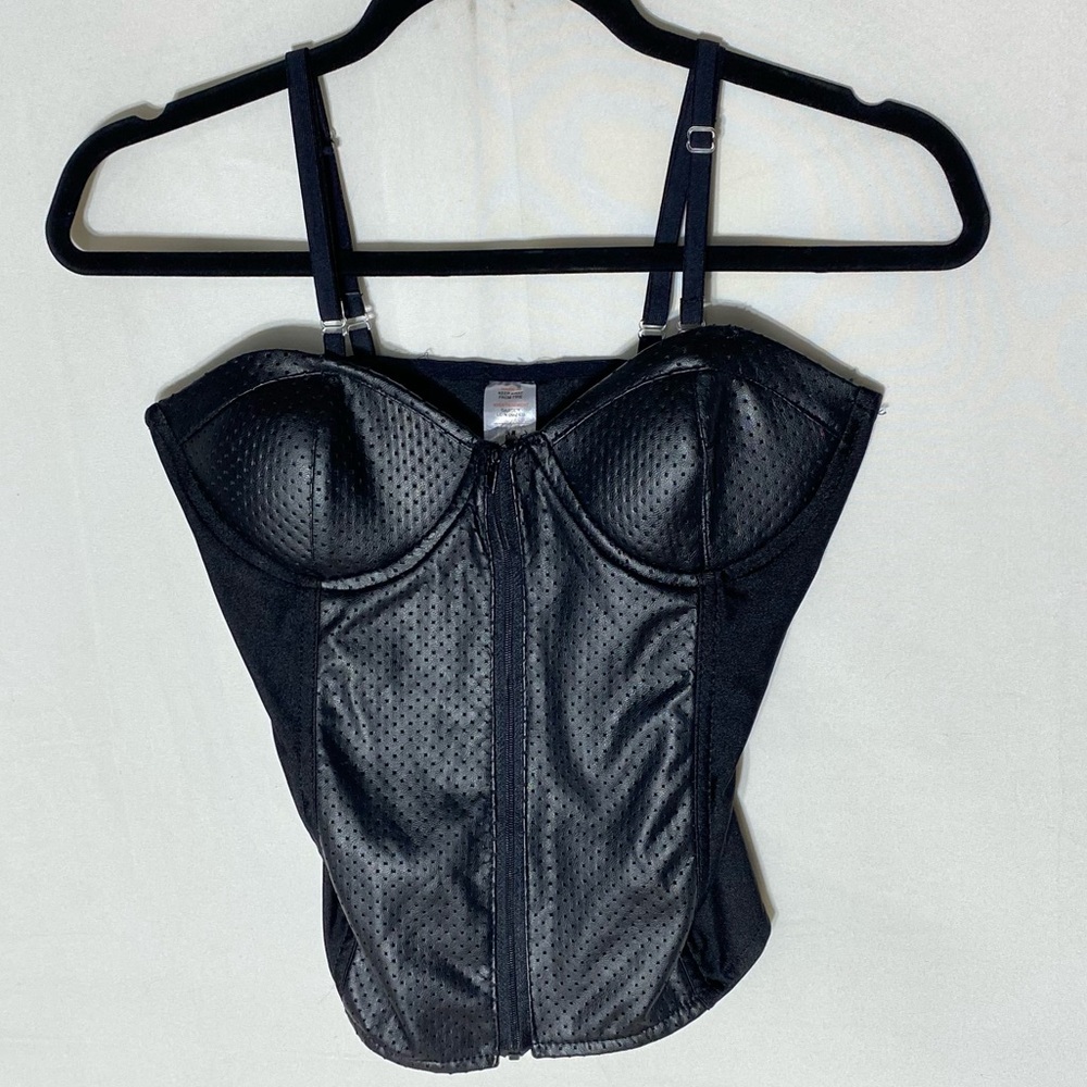 Black Faux Leather Zip Front Bustier Top M - Picture 15 of 16